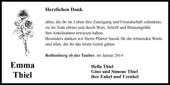 Traueranzeige von Emma Thiel von Rothenburg