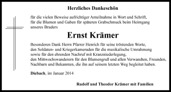 Traueranzeige von Ernst Krämer von Rothenburg