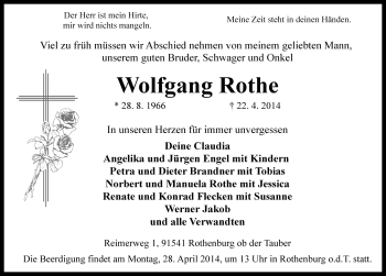 Traueranzeige von Wolfgang Rothe von Rothenburg