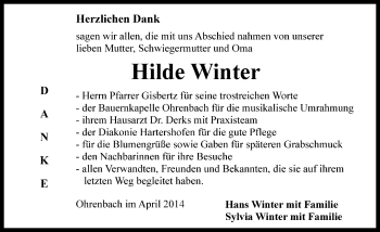 Traueranzeige von Hilde Winter von Rothenburg