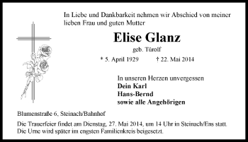 Traueranzeige von Elise Glanz von Rothenburg