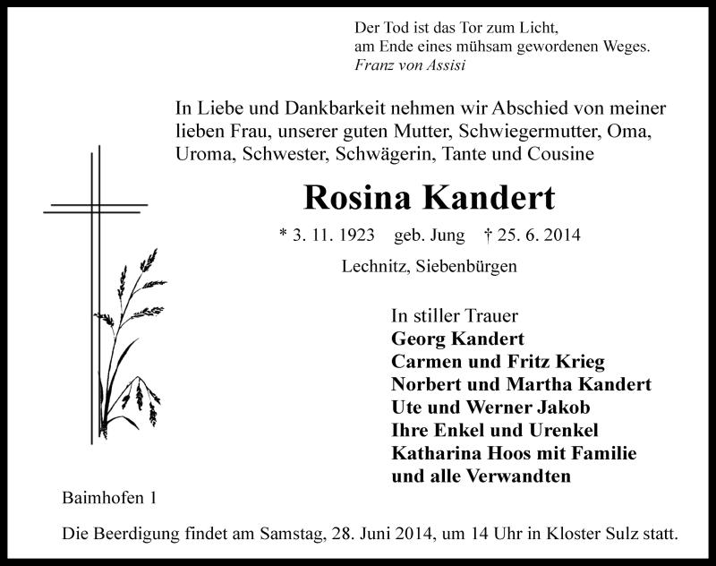 Traueranzeige für Rosina Kandert vom 27.06.2014 aus Rothenburg