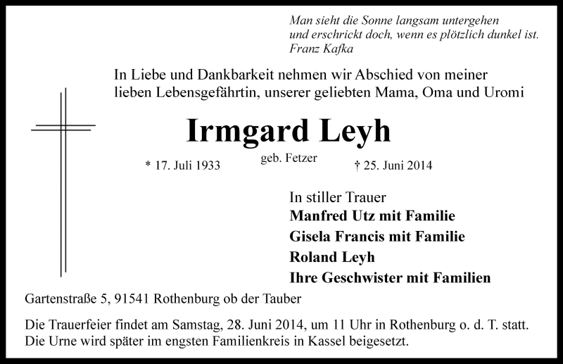  Traueranzeige für Irmgard Leyh vom 27.06.2014 aus Rothenburg