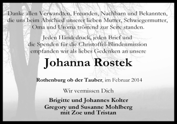 Traueranzeige von Johanna Rosteck von Rothenburg