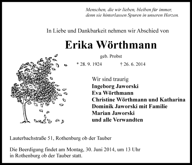  Traueranzeige für Erika Wörthmann vom 28.06.2014 aus Rothenburg
