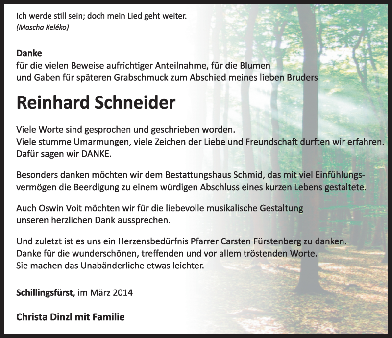  Traueranzeige für Reinhard Schneider vom 29.03.2014 aus Rothenburg