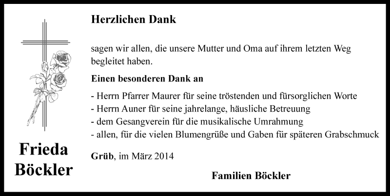  Traueranzeige für Frieda Böckler vom 29.03.2014 aus Rothenburg