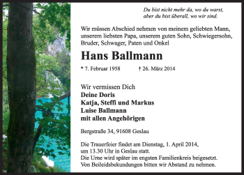 Traueranzeige von Hans Ballmann von Rothenburg