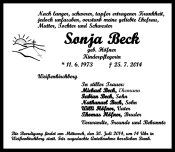 Traueranzeige von Sonja Beck von Rothenburg