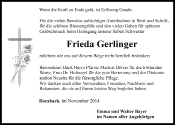 Traueranzeige von Frieda Gerlinger von Rothenburg