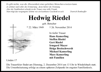 Traueranzeige von Hedwig Riedel von Rothenburg