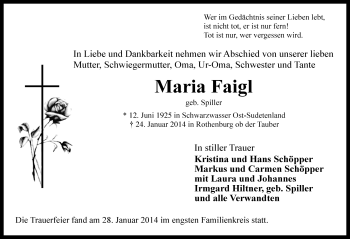 Traueranzeige von Maria Faigl von Rothenburg