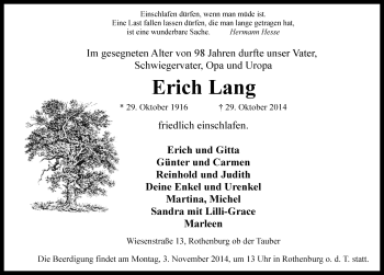 Traueranzeige von Erich Lang von Rothenburg