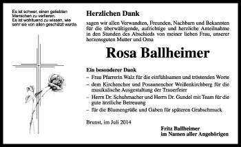 Traueranzeige von Rosa Ballheimer von Rothenburg