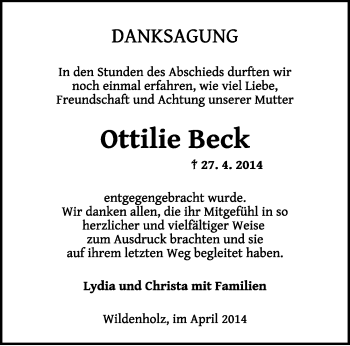 Traueranzeige von Ottilie Beck von Rothenburg