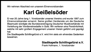Traueranzeige von Karl Geißelsöder von Rothenburg