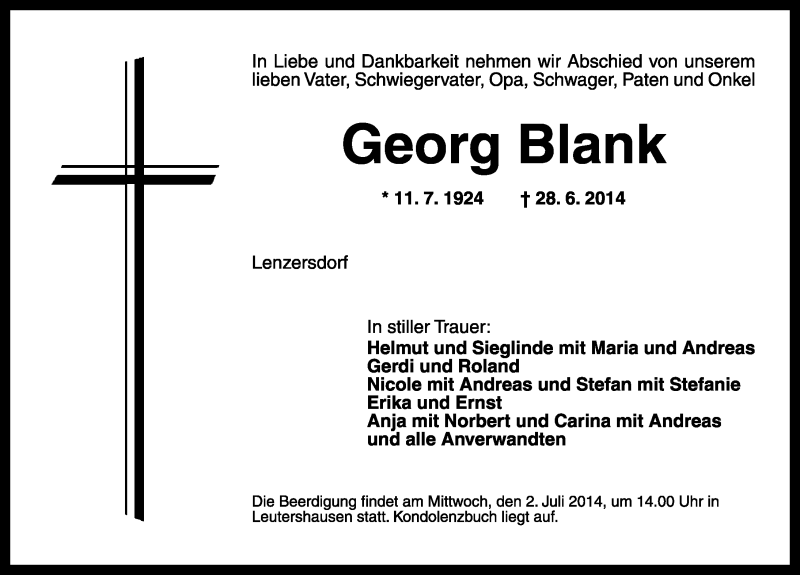  Traueranzeige für Georg Blank vom 01.07.2014 aus Rothenburg