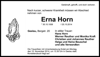 Traueranzeige von Erna Horn von Rothenburg