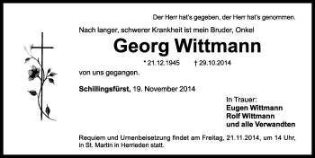 Traueranzeige von Georg Wittmann von Rothenburg