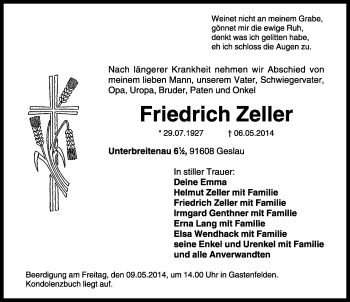 Traueranzeige von Friedrich Zeller von Rothenburg