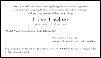 Traueranzeige von Luise Lindner von Neustadt/ Scheinfeld/ Uffenheim