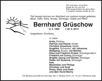 Traueranzeige von Bernhard Grüschow von Dinkelsbühl/ Feuchtwangen