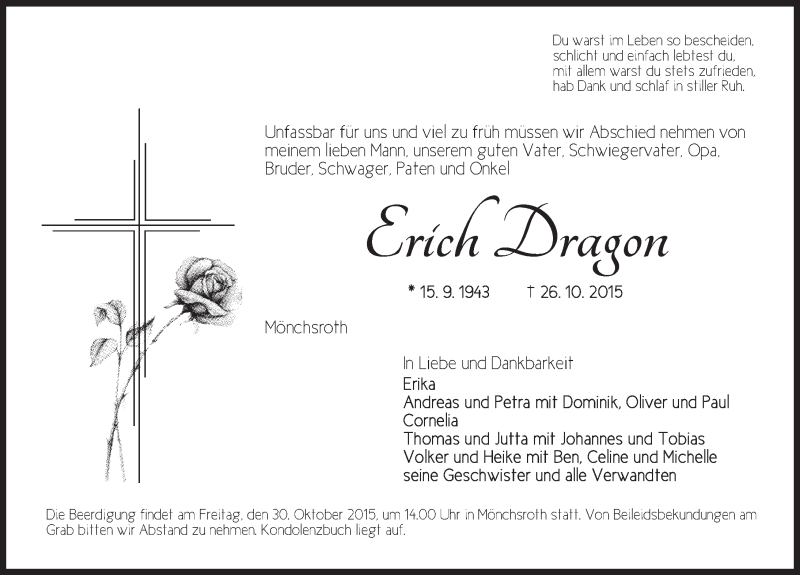  Traueranzeige für Erich Dragon vom 29.10.2015 aus Dinkelsbühl/ Feuchtwangen