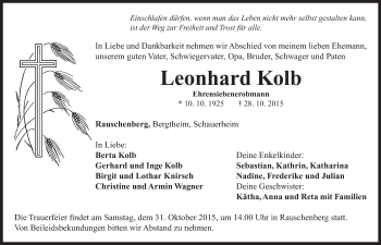 Traueranzeige von Leonhard Kolb von Neustadt/ Scheinfeld/ Uffenheim