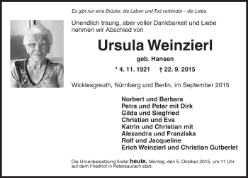 Traueranzeige von Ursula Weinzierl von Ansbach