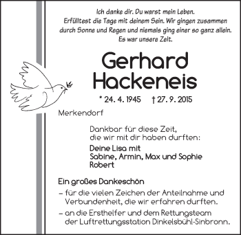 Traueranzeige von Gerhard Hackeneis von Ansbach