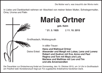 Traueranzeige von Maria Ortner von Ansbach
