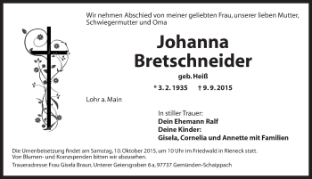 Traueranzeige von Johanna Bretschneider von Ansbach