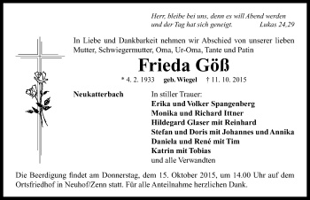 Traueranzeige von Frieda Göß von Neustadt/ Scheinfeld/ Uffenheim