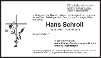 Traueranzeige von Hans Schroll von Ansbach