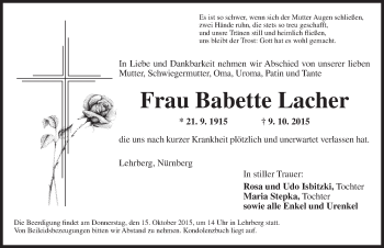 Traueranzeige von Babette Lacher von Ansbach