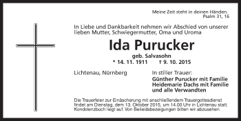 Traueranzeige von Ida Purucker von Ansbach