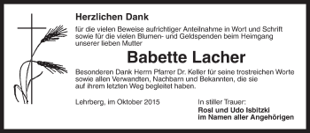 Traueranzeige von Babette Lacher von Ansbach