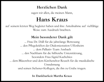 Traueranzeige von Hans Kraus von Neustadt/ Scheinfeld/ Uffenheim