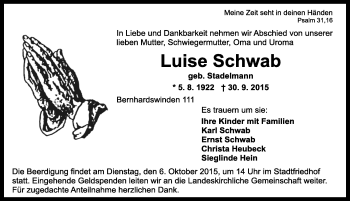 Traueranzeige von Luise Schwab von Ansbach