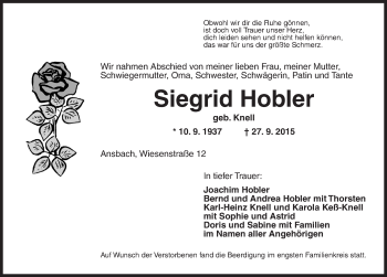 Traueranzeige von Siegrid Hobler von Ansbach