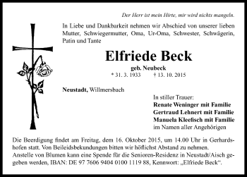 Traueranzeige von Elfriede Beck von Neustadt/ Scheinfeld/ Uffenheim