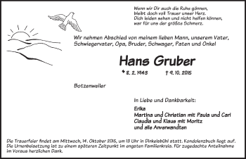 Traueranzeige von Hans Gruber von Dinkelsbühl/ Feuchtwangen