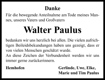 Traueranzeige von Walter Paulus von Neustadt/ Scheinfeld/ Uffenheim