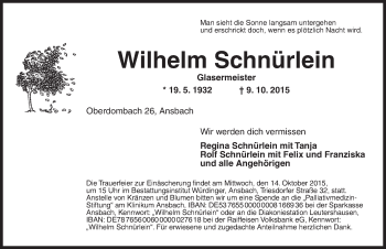 Traueranzeige von Wilhelm Schnürlein von Ansbach