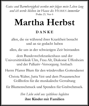 Traueranzeige von Martha Herbst von Neustadt/ Scheinfeld/ Uffenheim