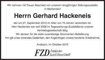 Traueranzeige von Gerhard Hackeneis von Ansbach