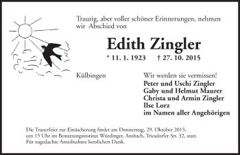 Traueranzeige von Edith Zingler von Ansbach