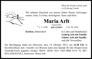 Traueranzeige von Maria Arlt von Neustadt/ Scheinfeld/ Uffenheim