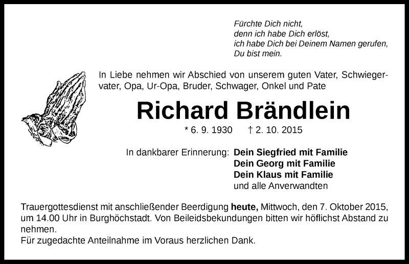  Traueranzeige für Richard Brändlein vom 07.10.2015 aus Neustadt/ Scheinfeld/ Uffenheim