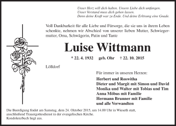 Traueranzeige von Luise Wittmann von Dinkelsbühl/ Feuchtwangen